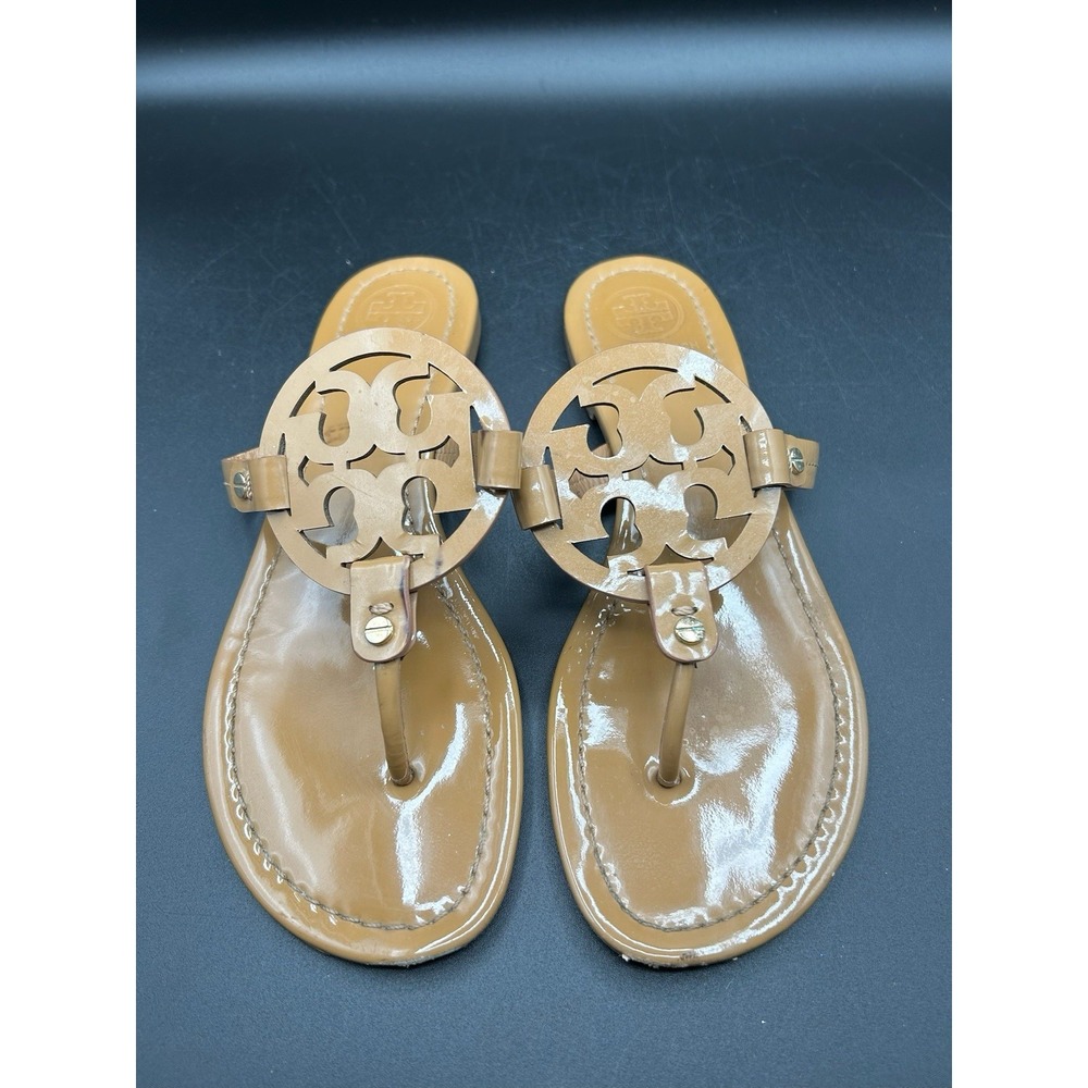 Tory Burch Miller Sandals Tan Patent Leather Double T Logo Size 9.5